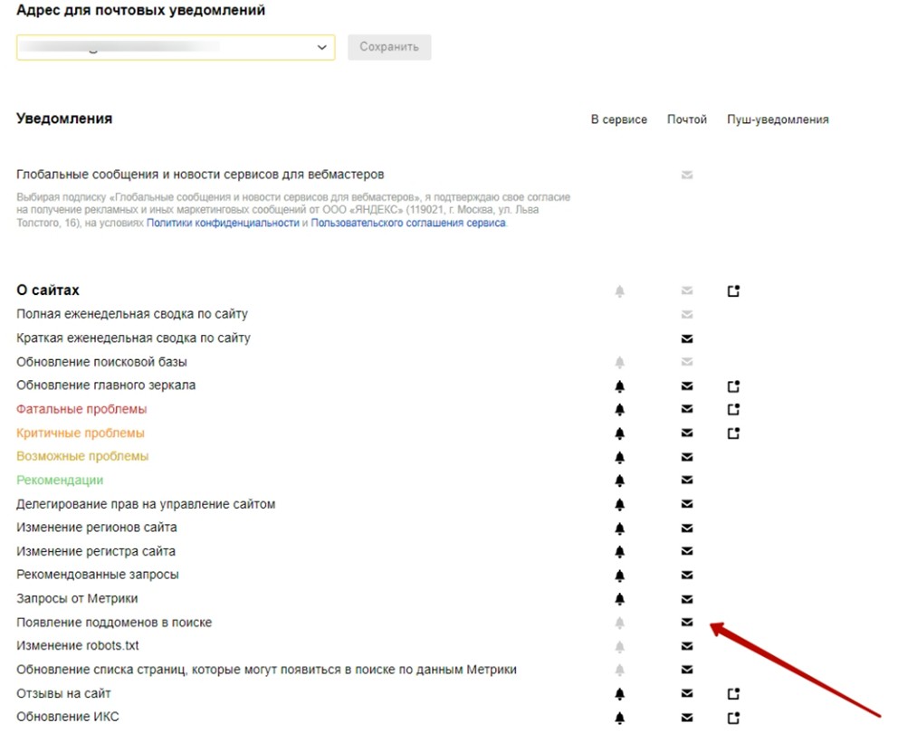 Рис. 20. Страница настройки уведомлений в панели Яндекс.Вебмастер