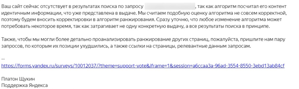Рис. 35. Пример ответа представителей Яндекса