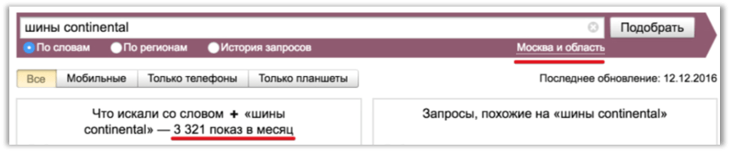 Проверка общей частотности по запросу "шины continental"