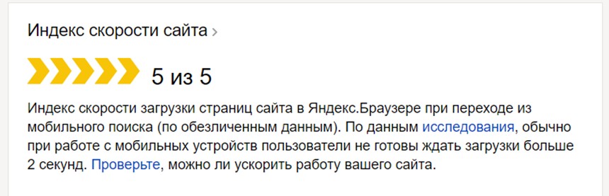 Блок «Индекс скорости сайта» в панели Яндекс.Вебмастер